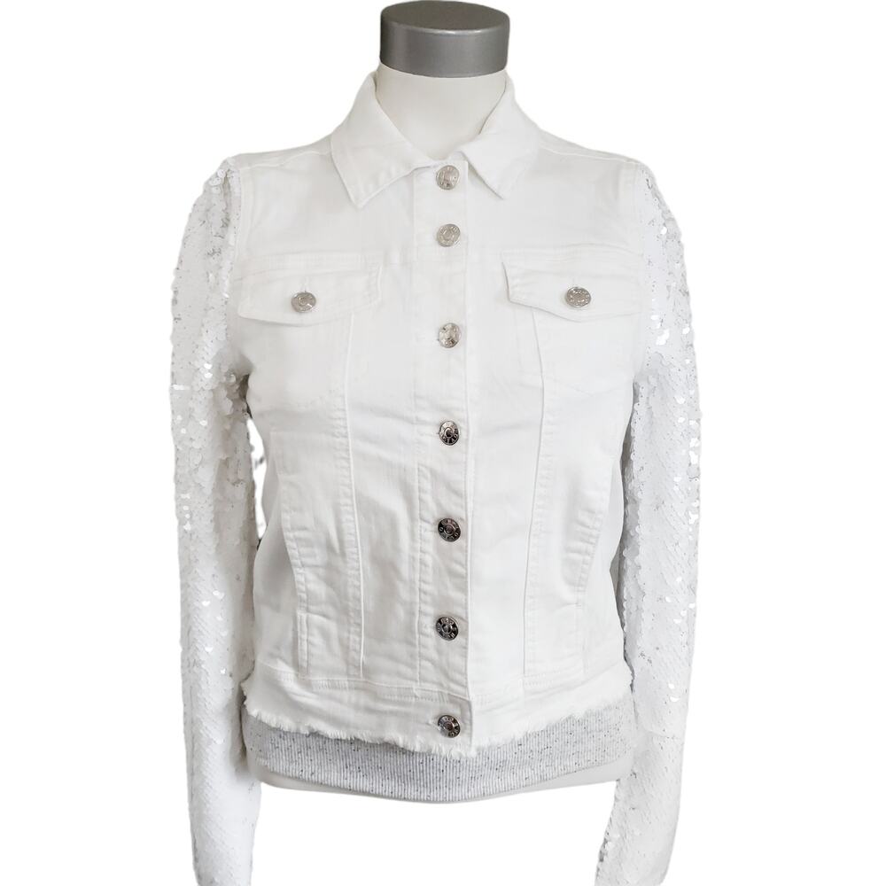 GENERATION LOVE Rosie sequined sleeve white raw hem denim jeans jacket Sz L NEW